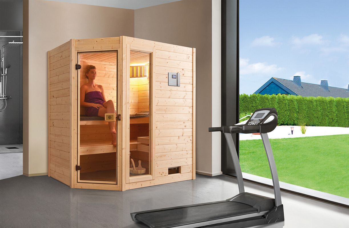 Weka Massivholzsauna Valida E.1 mit Glastür+Fenster 38 mm - Eckeinstieg