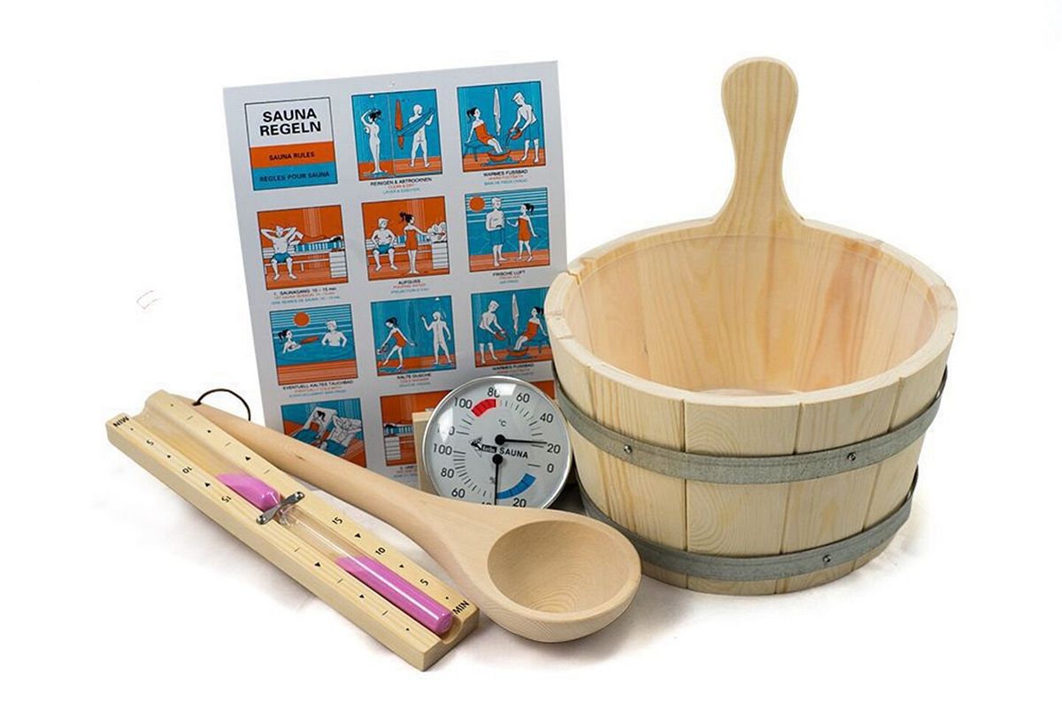 Karibu Zubehörset mit Aufgusskübel und Sauna Baderegeln Tafel