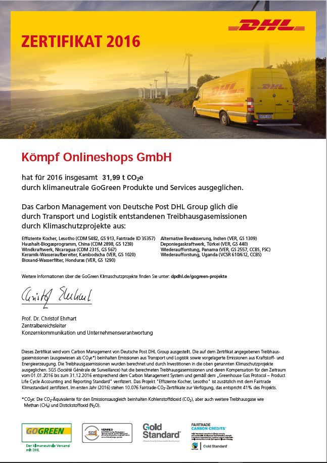 DHL GoGreen Zertifikat 2016