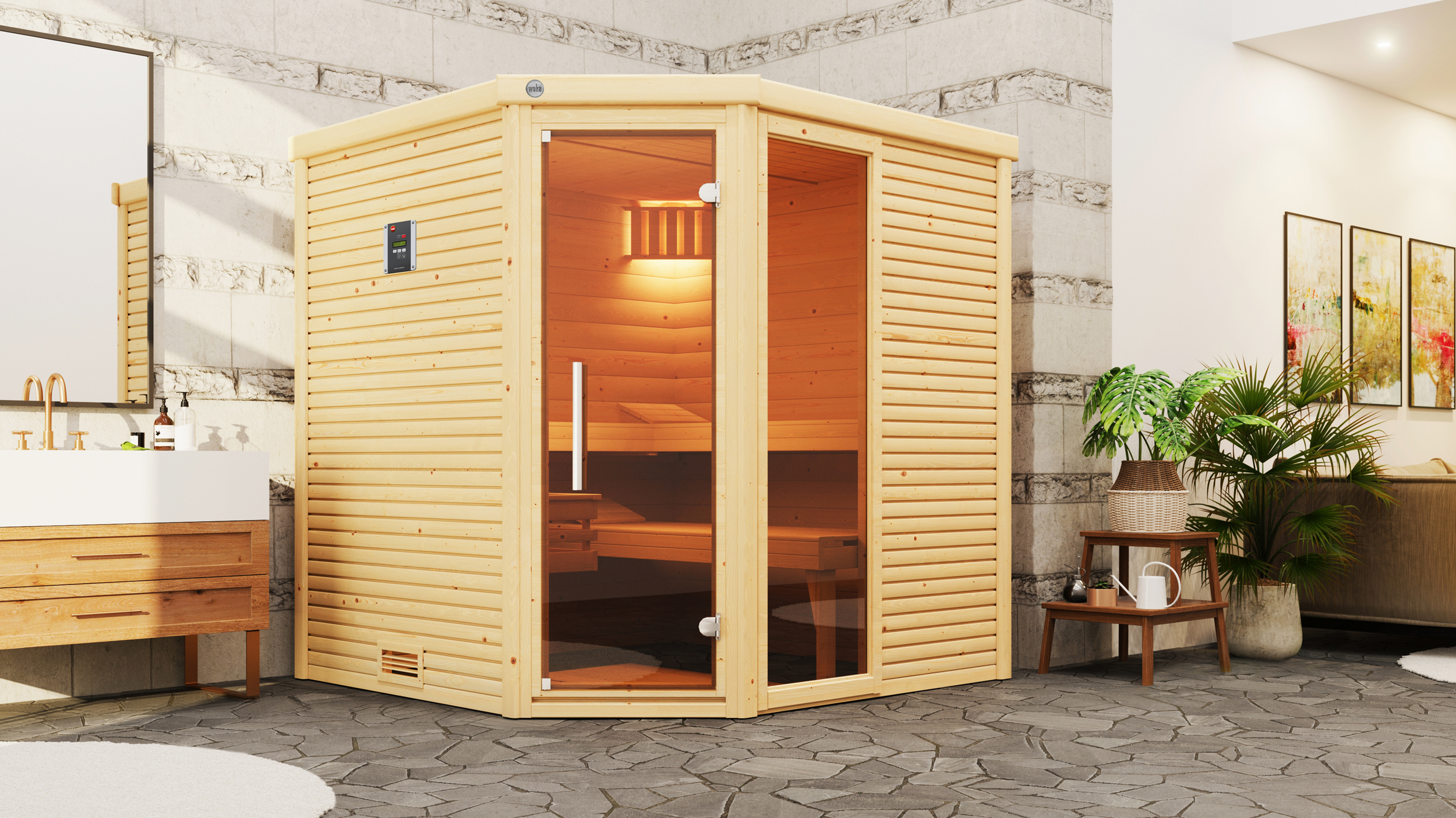 Weka Premium Massivholzsauna Cubilis 2 mit Glastür+Fenster inkl. Montageservice - 45 mm