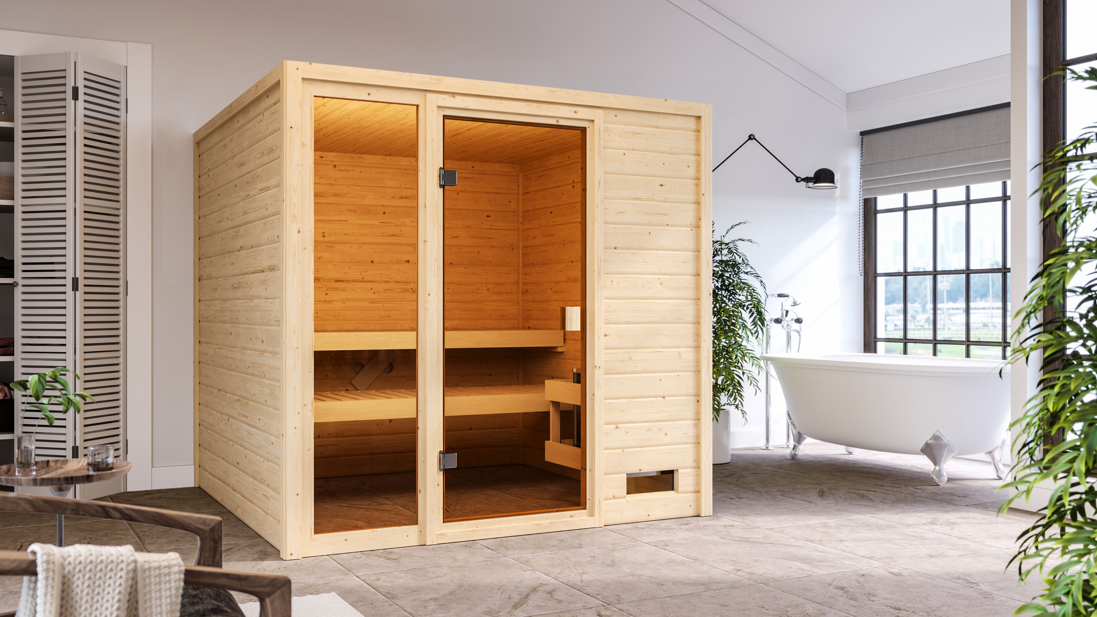 Karibu Woodfeeling Sauna Jutta - 38 mm Massivholz Aktionssauna inkl. 9-teiligem Gratis-Zubehörpaket im Wert von 137,95 €