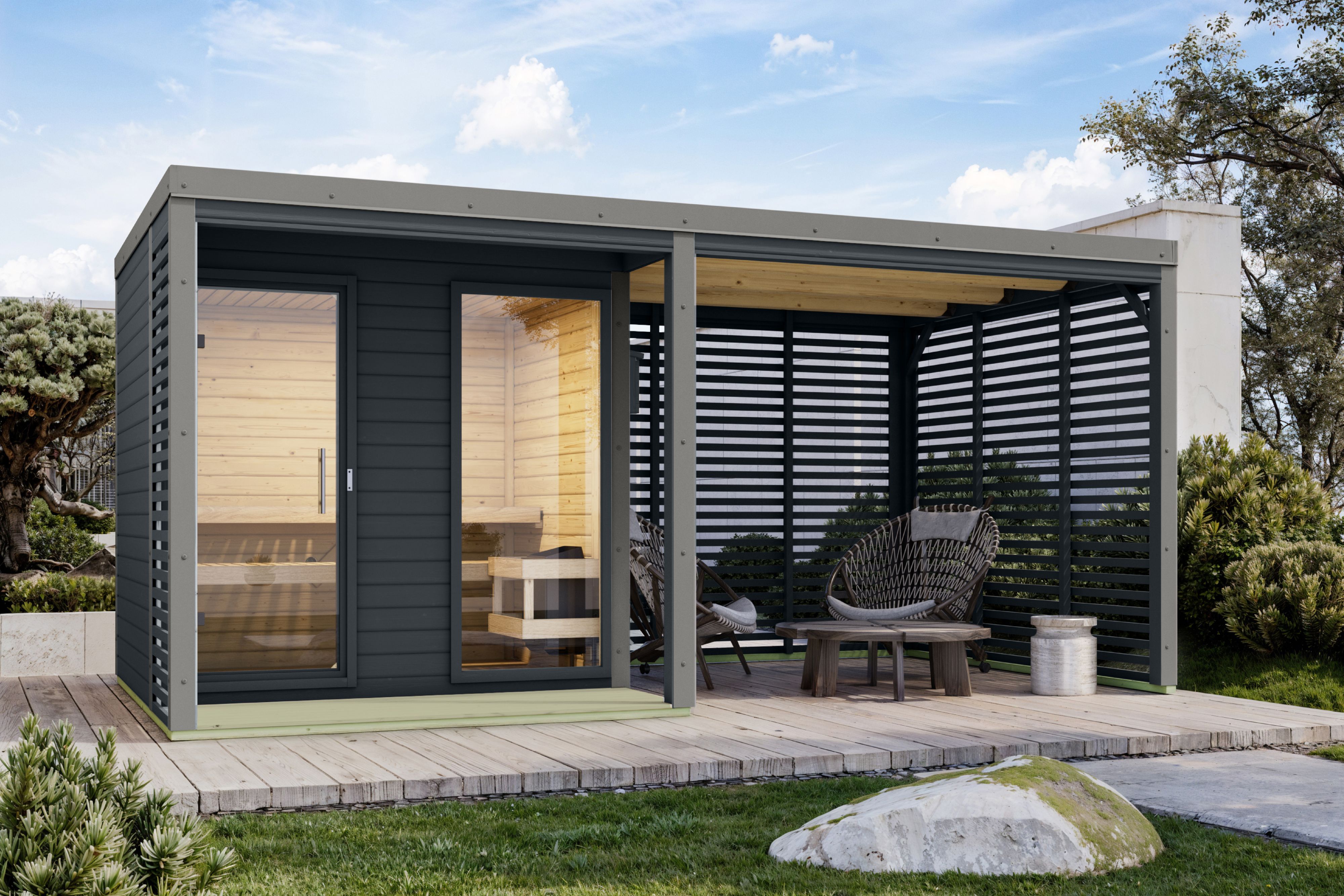 Karibu Saunahaus Ares 2 - Hybridhaus mit Metallrahmen - 38 mm inkl. 9-teiligem Gratis-Zubehörpaket im Wert von 137,95 €