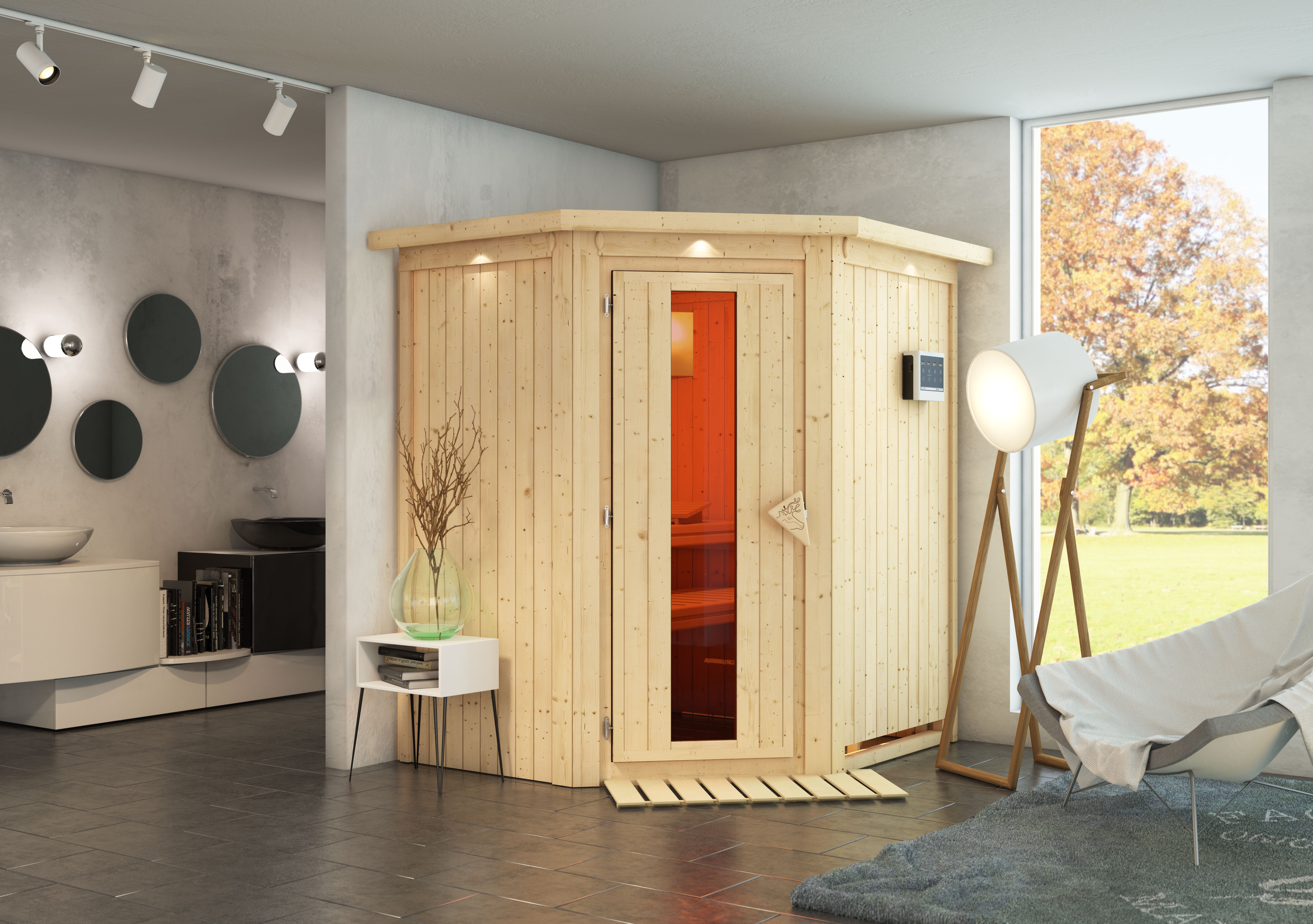 Karibu Sauna Taurin mit Eckeinstieg 68 mm inkl. gratis 9 kW Bio-Saunaofen im Wert von 879,99 €