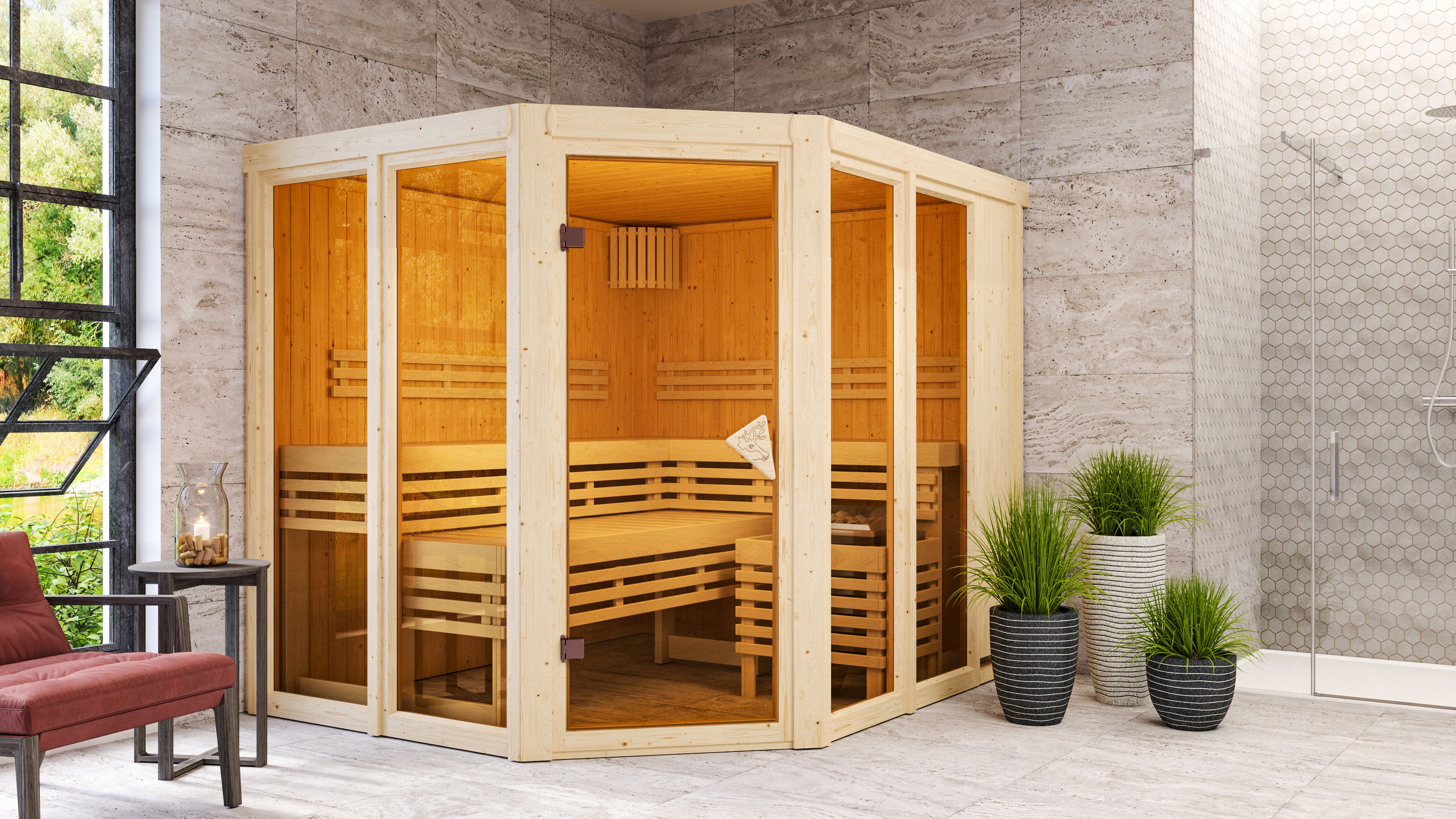 Karibu Sauna Araya Superior mit Eckeinstieg 68 mm