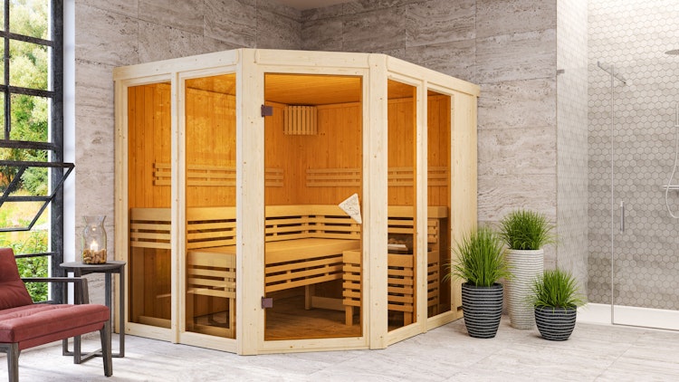 Karibu Sauna Araya Superior mit Eckeinstieg 68 mm Aktionsangebot inkl. gratis Saunaofen im Wert von 599,99 €