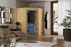 Karibu Sauna Valida  (Eckeinstieg) - 38 mm Massivholz Aktionssauna 230 Volt Plug & Play