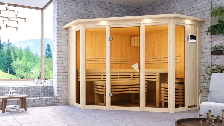 Karibu Sauna Alcinda 2 Superior mit Eckeinstieg 68 mm inkl. gratis Saunaofen im Wert von 599,99 €