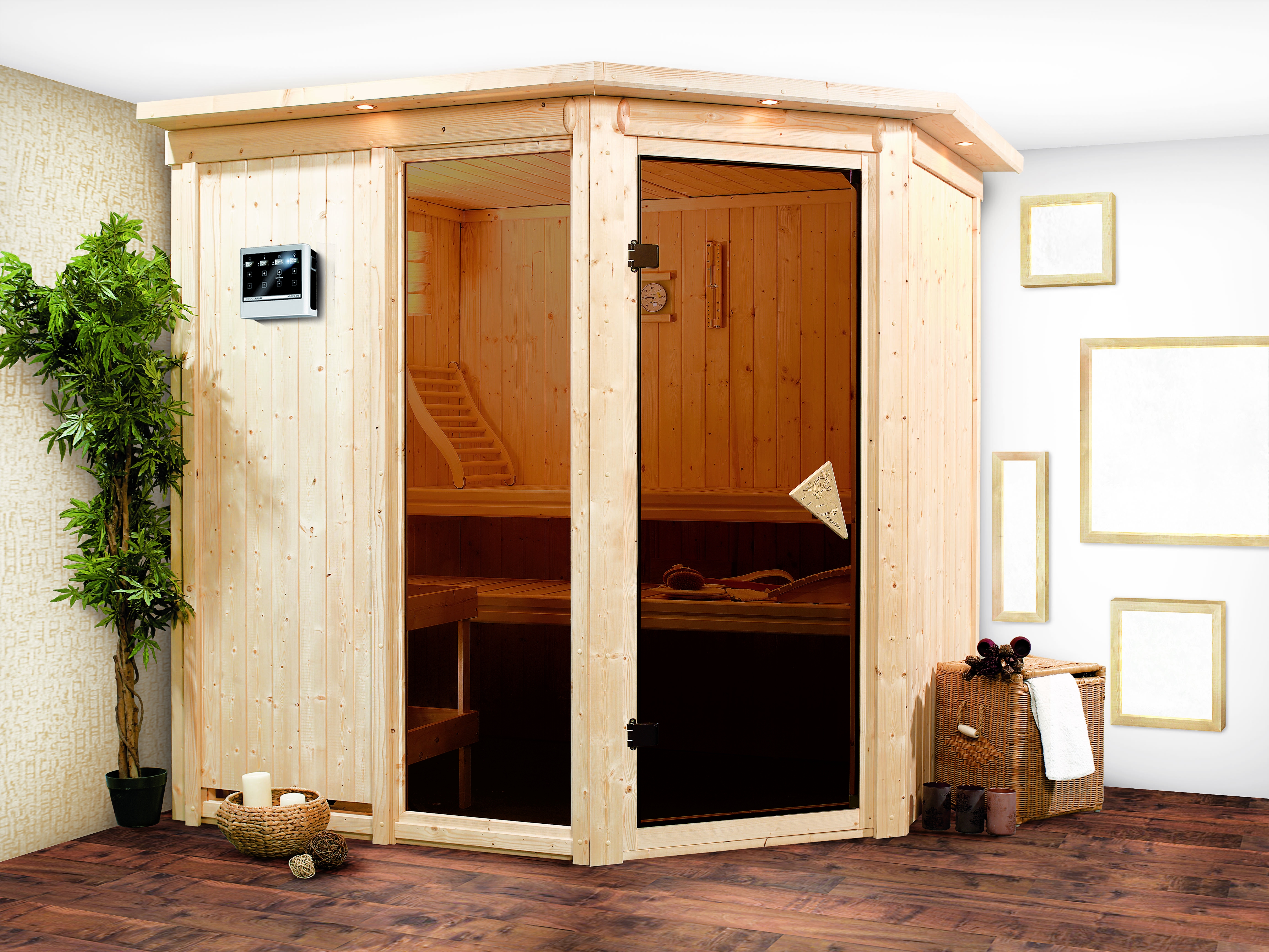 Karibu Sauna Fiona 2 mit Eckeinstieg 68 mm inkl. 9-teiligem Gratis-Zubehörpaket im Wert von 137,95 €