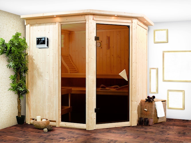 Karibu Sauna Fiona 2 mit Eckeinstieg 68 mm inkl. gratis Saunaofen im Wert von 599,99 €