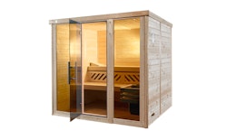Weka Premium Massivholz-Elementsauna Kemi Panorama 3 mit Glastür+2 Fenster und Sternenhimmel - 45 mm 7,5 kW Saunaofen OS inkl. Steuerung