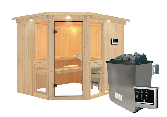Karibu Amelia 3 - Sauna mit Eckeinstieg 68 mm inkl. gratis Saunaofen im Wert von 599,99 €
