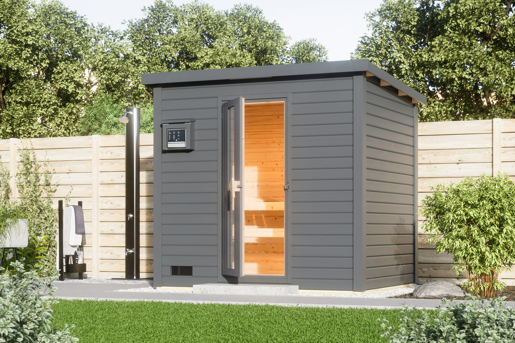 Karibu Gartensauna Saunahaus Hytti 3 inkl. 9-teiligem Gratis-Zubehörpaket im Wert von 137,95 €