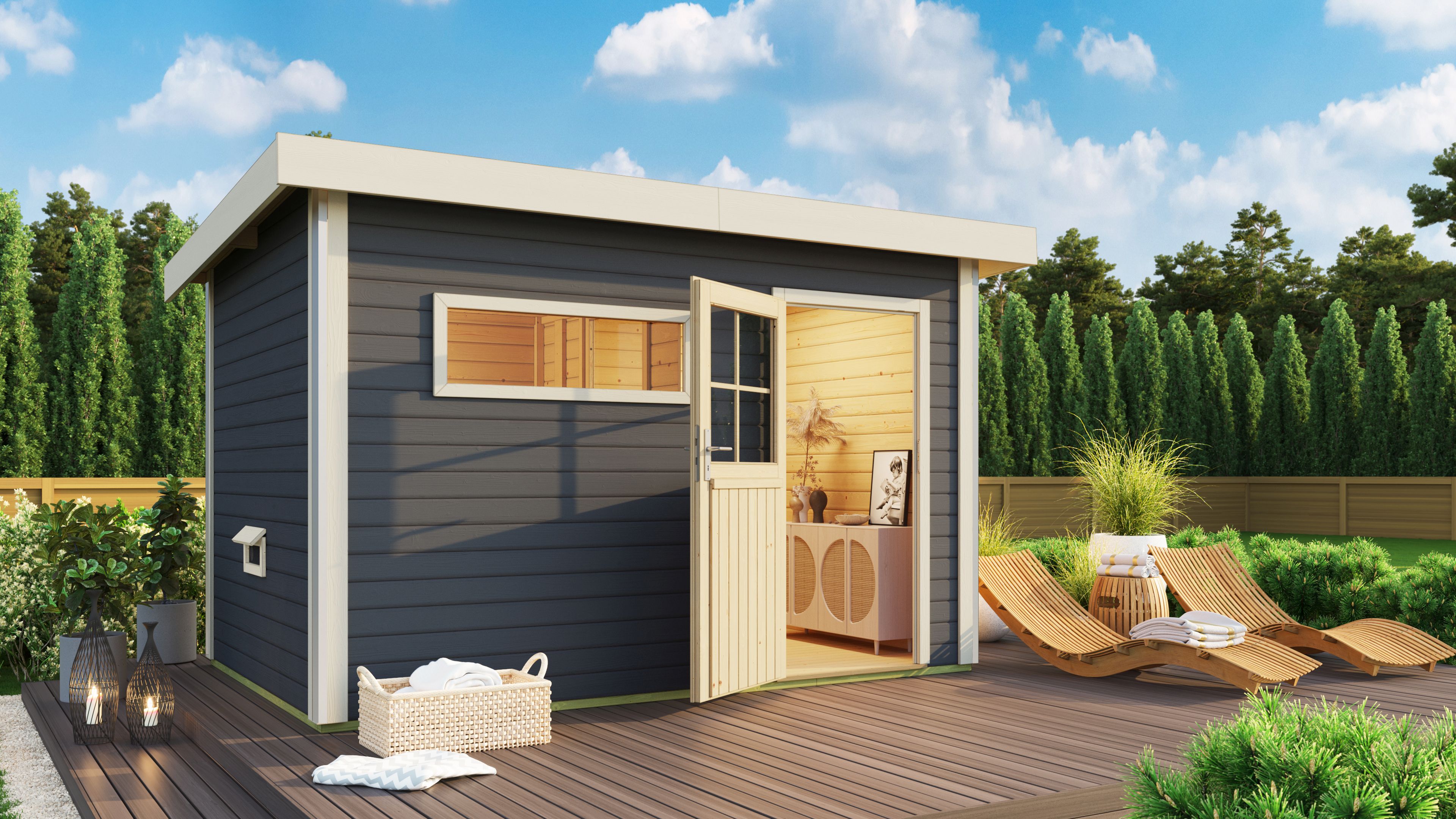 Karibu Saunahaus Skrollan 3 mit Vorraum terragrau (Rechteckfenster) inkl. gratis Sauna-Zubehörset im Wert von 234,94 €