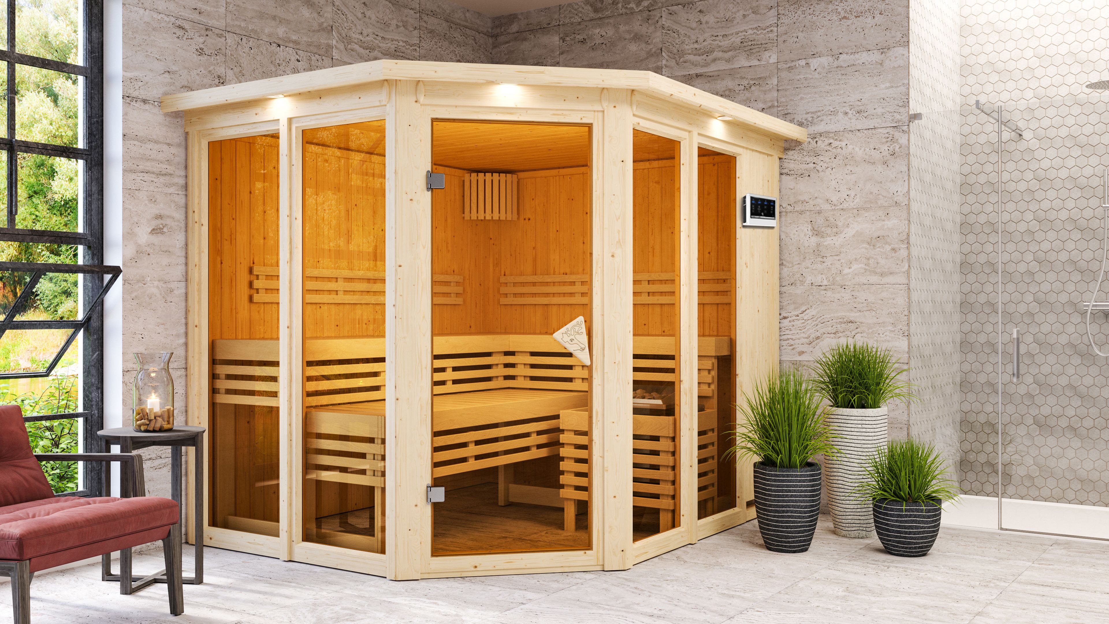 Karibu Sauna Ainur 3 Superior mit Eckeinstieg 68 mm inkl. 9-teiligem Gratis-Zubehörpaket im Wert von 137,95 €