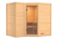 Karibu Sauna Sahib 2-Massivholzsauna 40mm -Eckeinstieg - Exklusivoptik - Ohne Ofen-Ohne Dachkranz-Klarglas Ganzglastür