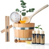 Liebenstein 7-teiliges Premium-Komplettset – Lärchenholz Saunaeimer mit Kelle, 3 x Sauna-Aufguss, Sanduhr & Hygro-/ThermometerZubehörbild