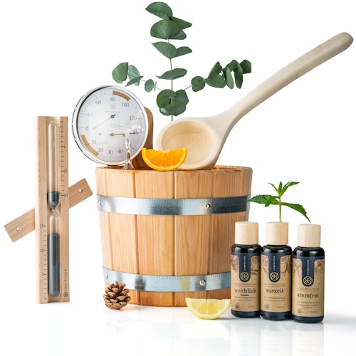 Liebenstein 7-teiliges Premium-Komplettset – Lärchenholz Saunaeimer mit Kelle, 3 x Sauna-Aufguss, Sanduhr & Hygro-/Thermometer