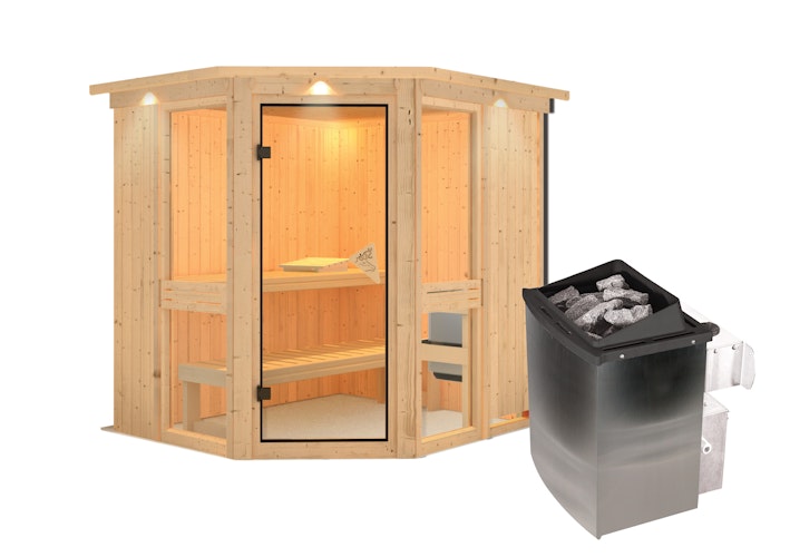 Karibu Amelia 1 - Sauna mit Eckeinstieg 68 mm inkl. gratis Saunaofen im Wert von 599,99 €