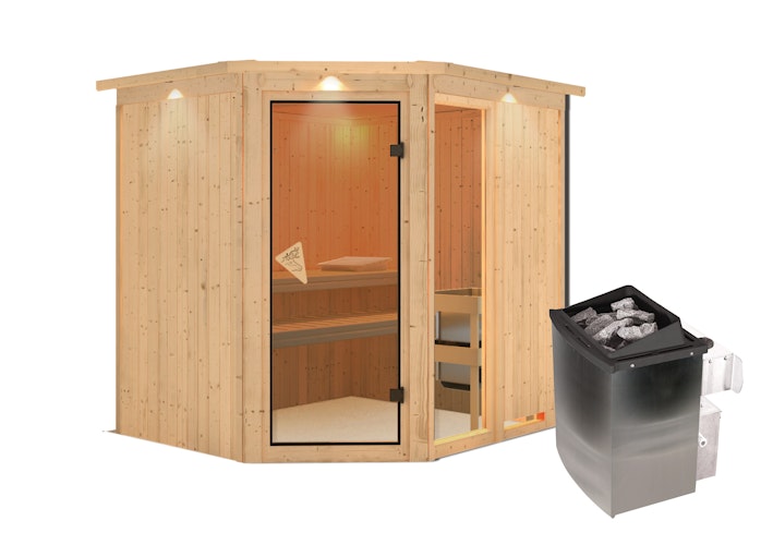 Karibu Sauna Fiona 2 mit Eckeinstieg 68 mm inkl. gratis Saunaofen im Wert von 599,99 €