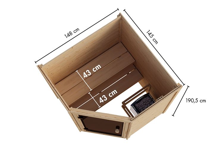 Karibu Sauna Valida  (Eckeinstieg) - 38 mm Massivholz Aktionssauna 230 Volt Plug & Play