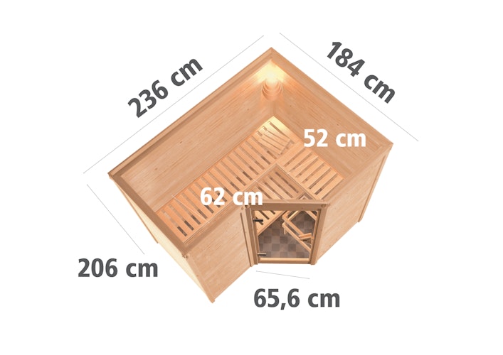 Karibu Sauna Sahib 2-Massivholzsauna 38 mm -Eckeinstieg - Exklusivoptik inkl. gratis Saunaofen im Wert von 599,99 €