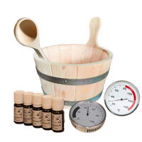 Karibu 9-teiliges Zubehör Aktionsset bestehend aus 1 Thermometer, 1 Hygrometer , 5 ätherischen Ölen, 1 Schöpfkelle, 1 Aufgusskübel