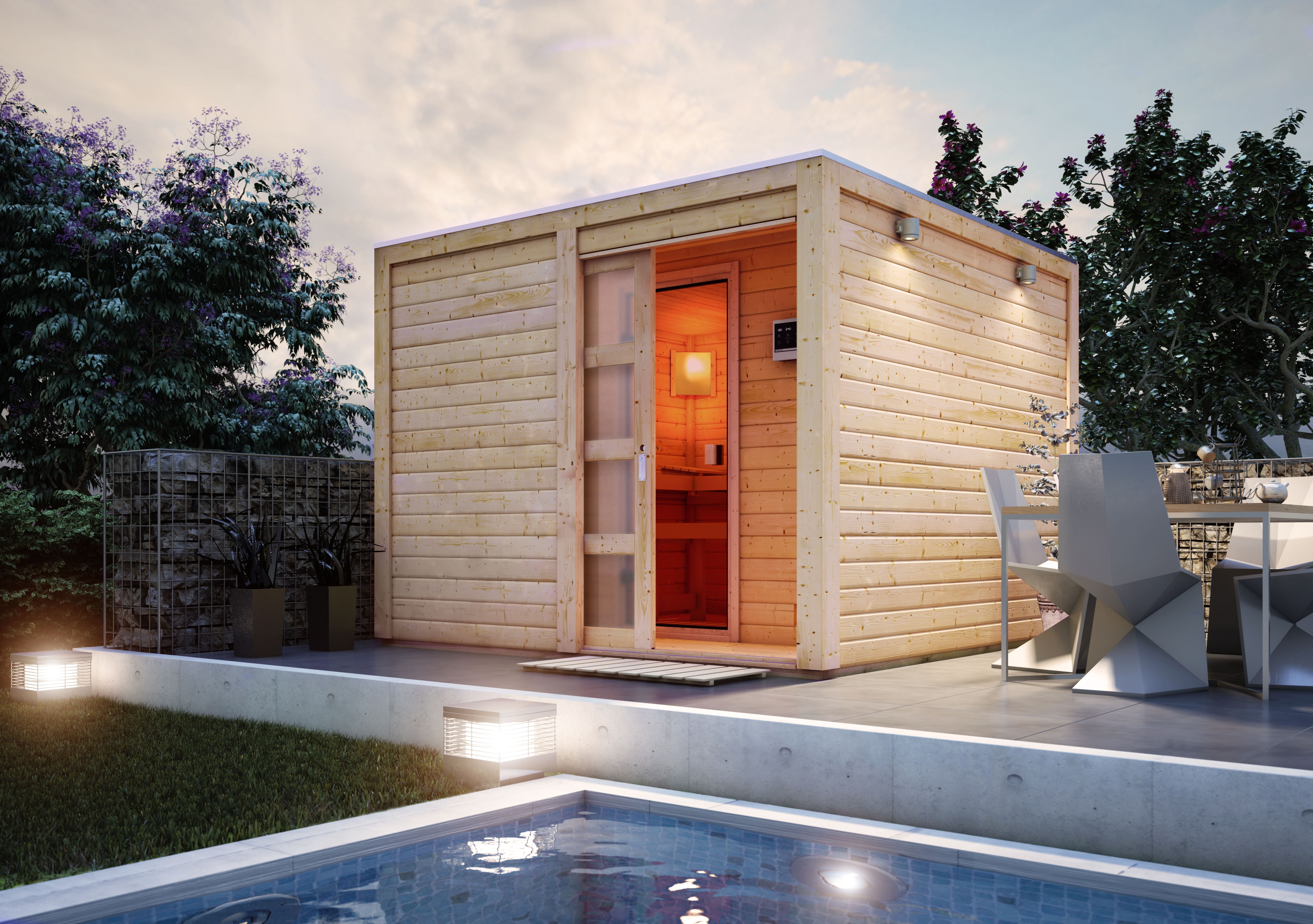 Karibu Gartensauna Saunahaus Cuben inkl. Vorraum, naturbelassen inkl. gratis 9 kW Bio-Saunaofen im Wert von 879,99 €