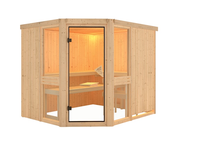 Karibu Amelia 3 - Sauna mit Eckeinstieg 68 mm inkl. gratis Saunaofen im Wert von 599,99 €