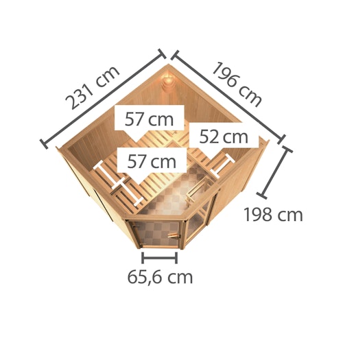 Karibu Sauna Fiona 3 mit Eckeinstieg 68 mm inkl. gratis Saunaofen im Wert von 599,99 €
