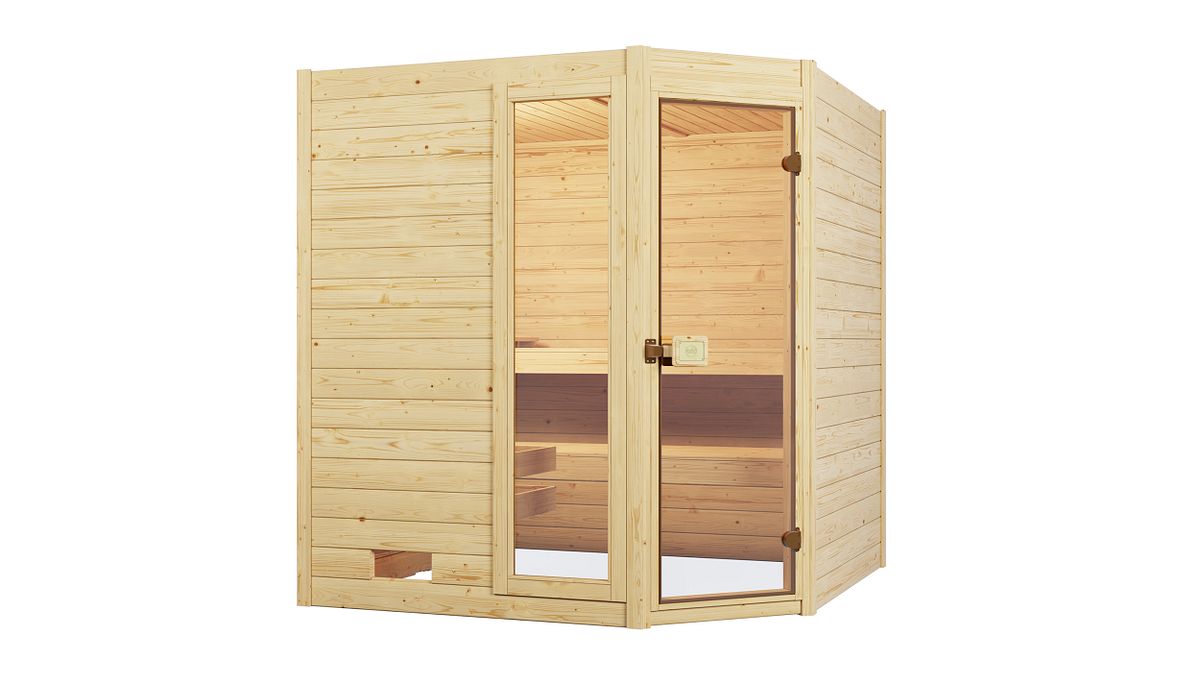 Weka Sauna Valida Eck 1.8 mit Glastür/Fenster- Massivholzsauna 38 mm Ganzglastür u. Fensterelement(e) 7,5 kW Bio-Kombiofen BioS inkl. Steuerung