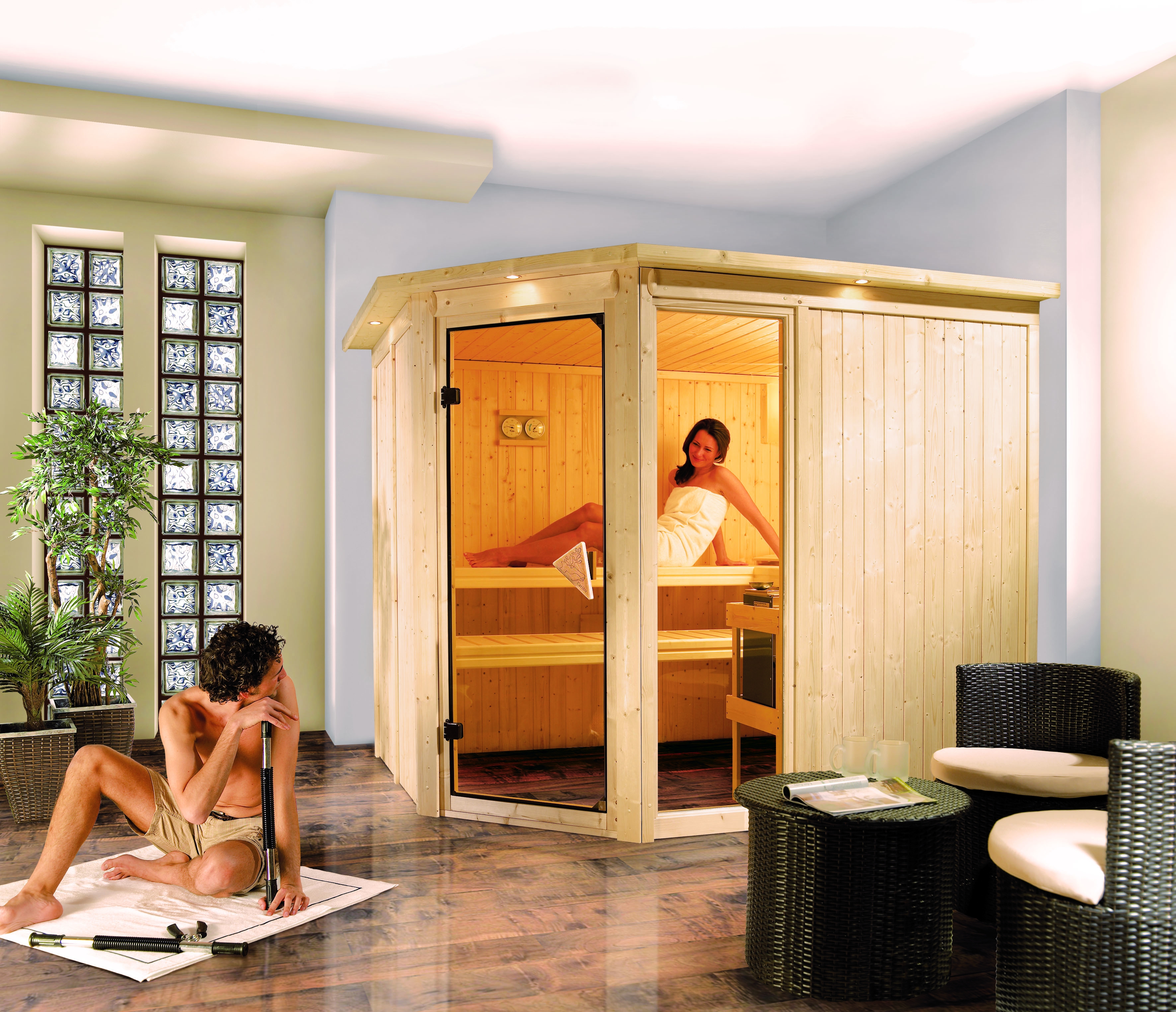 Karibu Sauna Fiona 3 mit Eckeinstieg 68 mm inkl. gratis 9 kW Bio-Saunaofen im Wert von 879,99 €