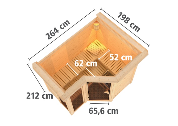 Karibu Sauna Amara-Massivholzsauna 38 mm -Eckeinstieg - Exklusivoptik inkl. gratis Saunaofen im Wert von 599,99 €