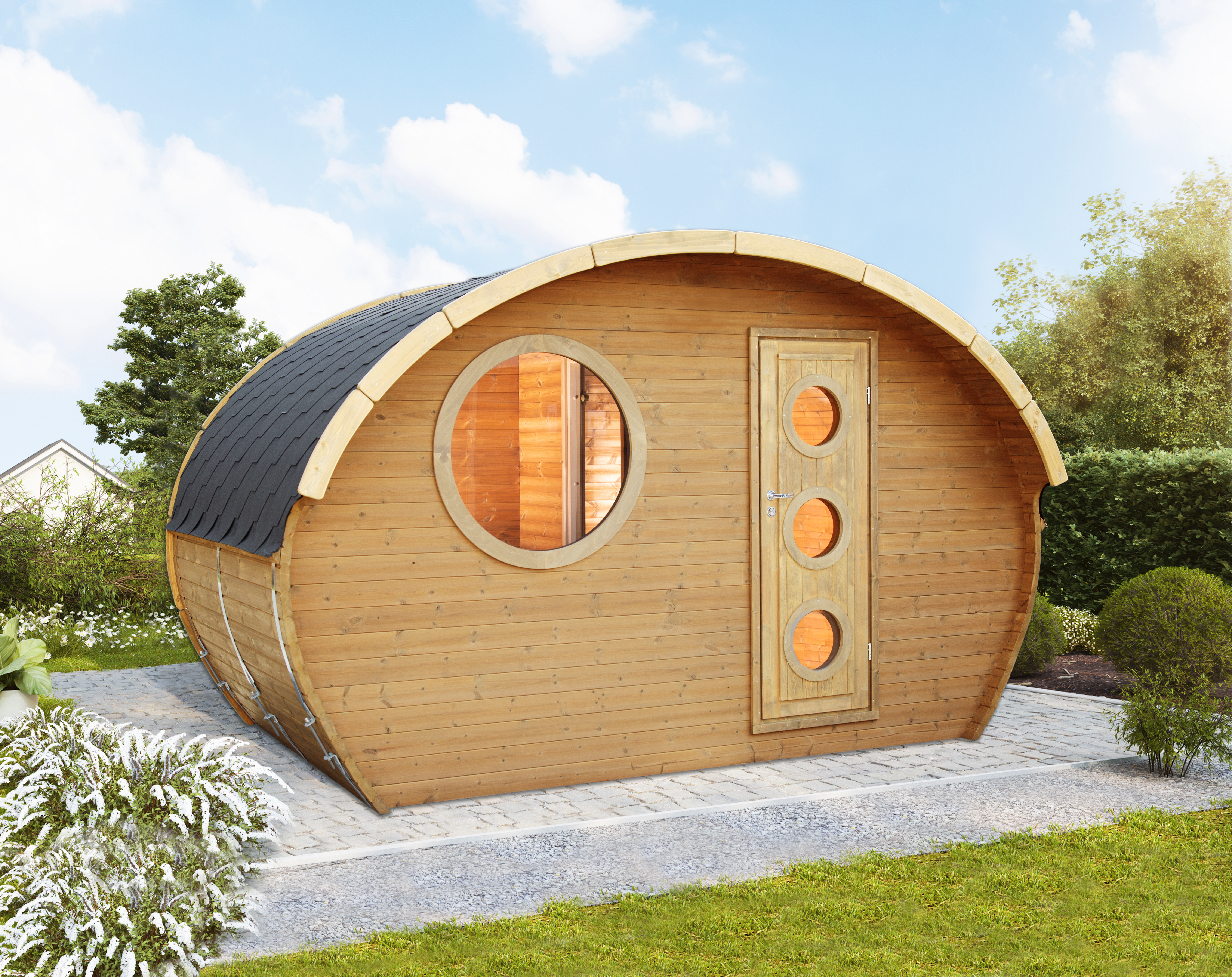 Wolff Finnhaus Saunahaus Steen in Ovalform inkl. schwarzen Dachschindeln