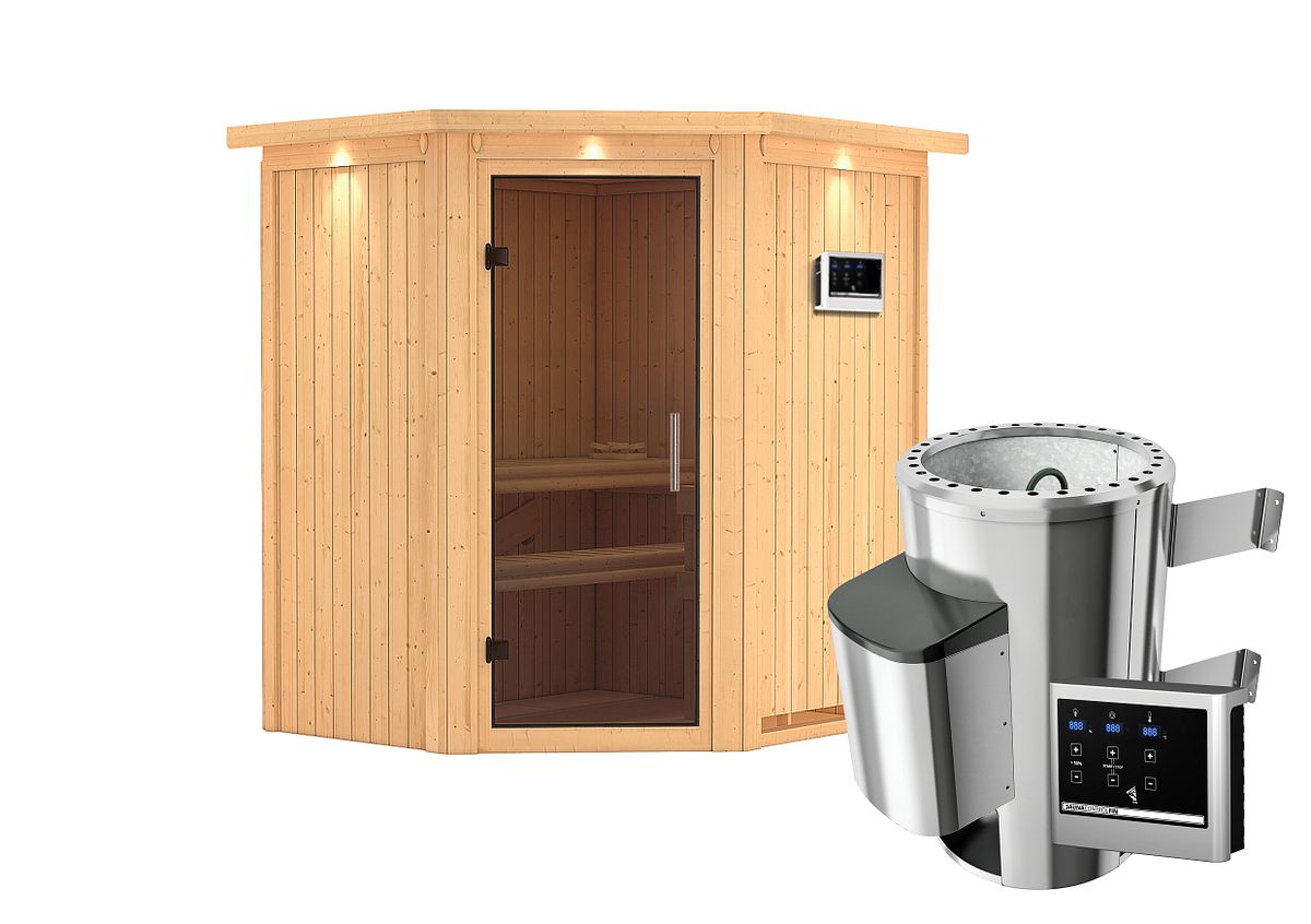 Karibu Sauna Tonja - 68 mm Systemsauna - 230 Volt Plug & Play-3,6kW Plug&Play Bio-Kombiofen externer Steuerung Easy-Inkl. Dachkranz-Ganzglastür in Graphit-Optik