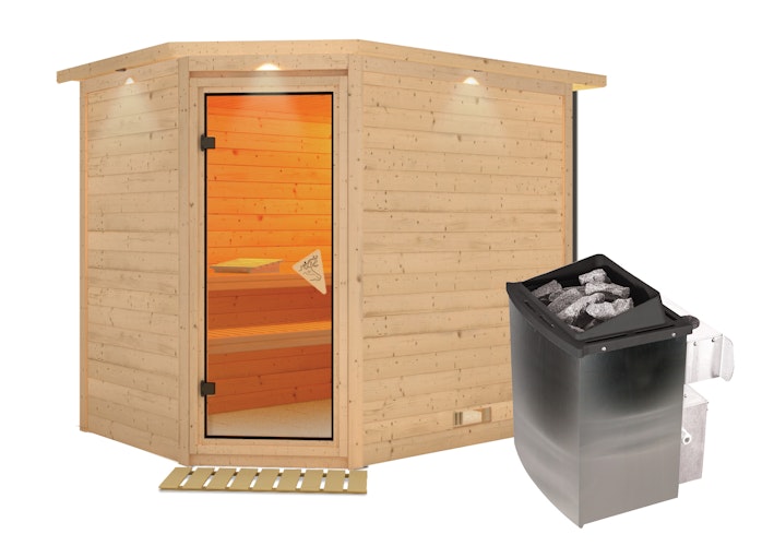 Karibu Sauna Tanami - Massivholzsauna mit Eckeinstieg 38 mm