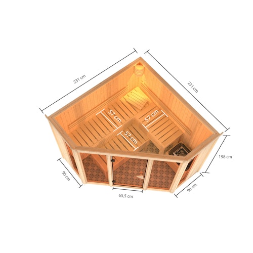 Karibu Sauna Alcinda 2 Superior mit Eckeinstieg 68 mm inkl. gratis Saunaofen im Wert von 599,99 €