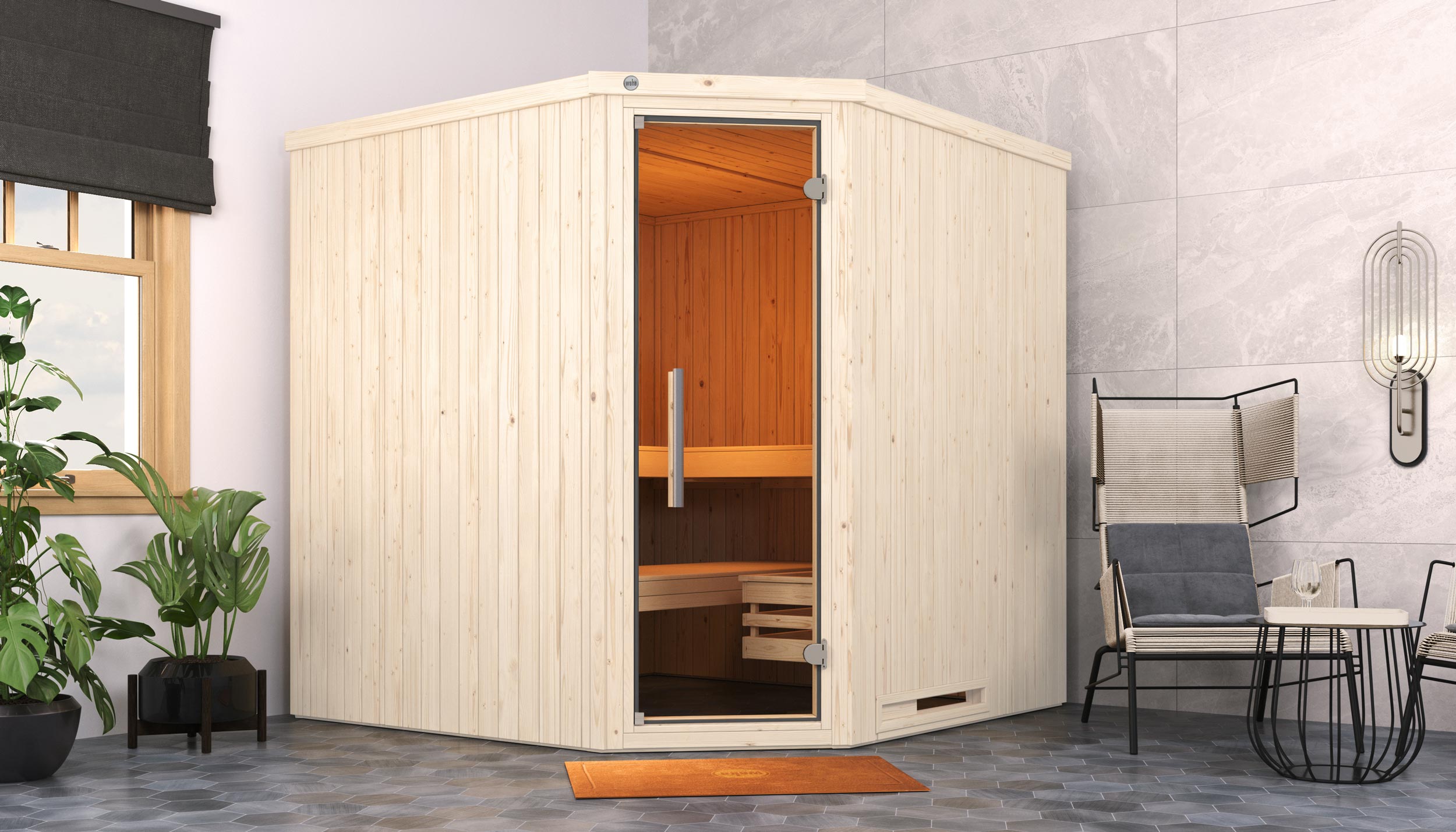 Weka Elementsauna Varberg 3 Trend Familiensauna mit Eckeinstieg & weiß lasierten Fronten - 68 mm