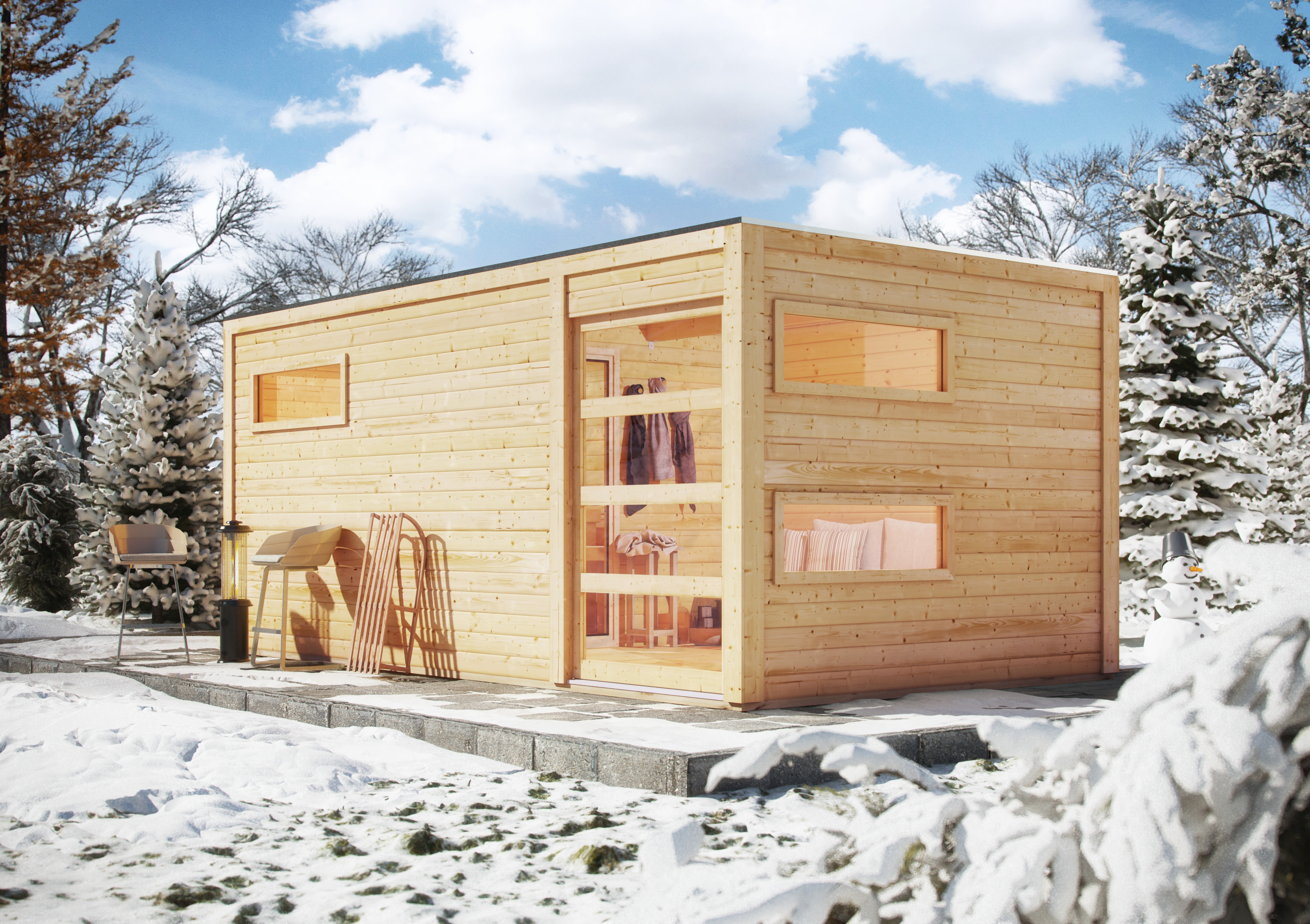 Karibu Gartensauna Saunahaus Hygge inkl. Vorraum, naturbelassen inkl. 9-teiligem Gratis-Zubehörpaket im Wert von 137,95 €