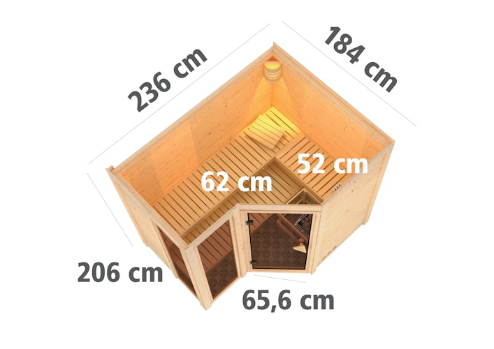 Karibu Sauna Amara-Massivholzsauna 38 mm -Eckeinstieg - Exklusivoptik inkl. gratis Saunaofen im Wert von 599,99 €