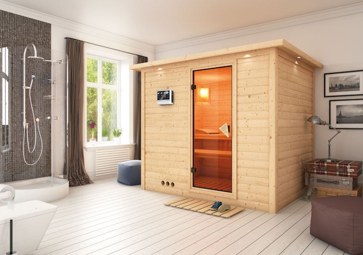 Karibu Sauna Sonara - Massivholzsauna mit Fronteinstieg 38 mm inkl. gratis Saunaofen im Wert von 599,99 €