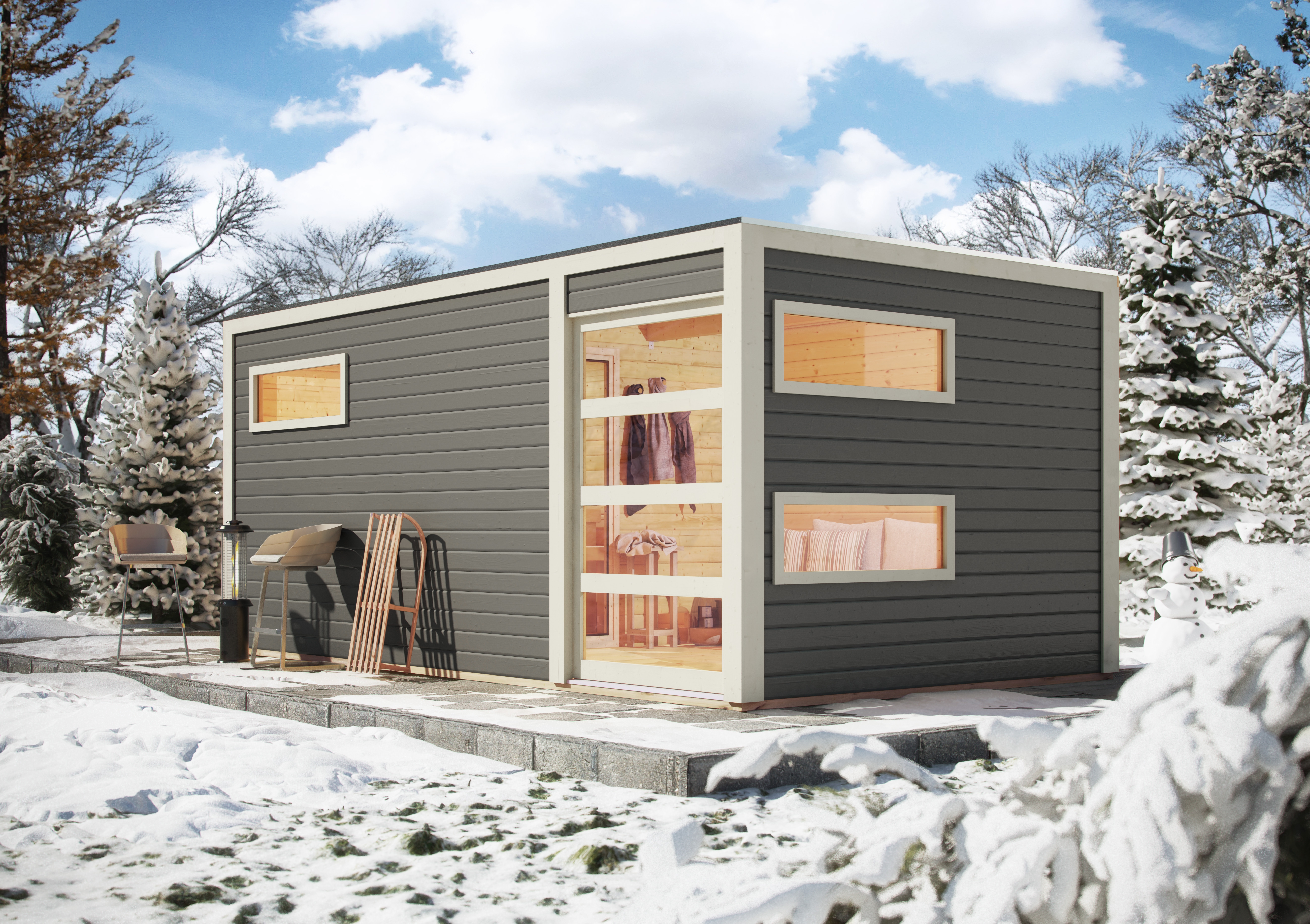 Karibu Gartensauna Saunahaus Hygge inkl. Vorraum, terragrau inkl. gratis 9 kW Bio-Saunaofen im Wert von 879,99 €