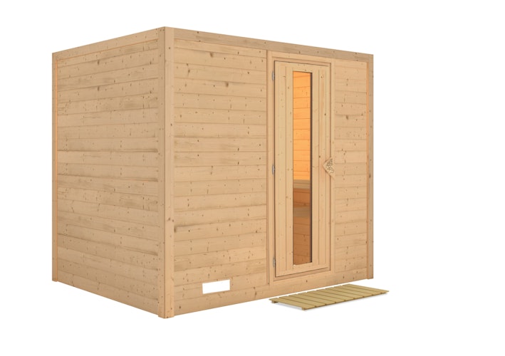 Karibu Sauna Sonara - Massivholzsauna mit Fronteinstieg 38 mm inkl. gratis Saunaofen im Wert von 599,99 €
