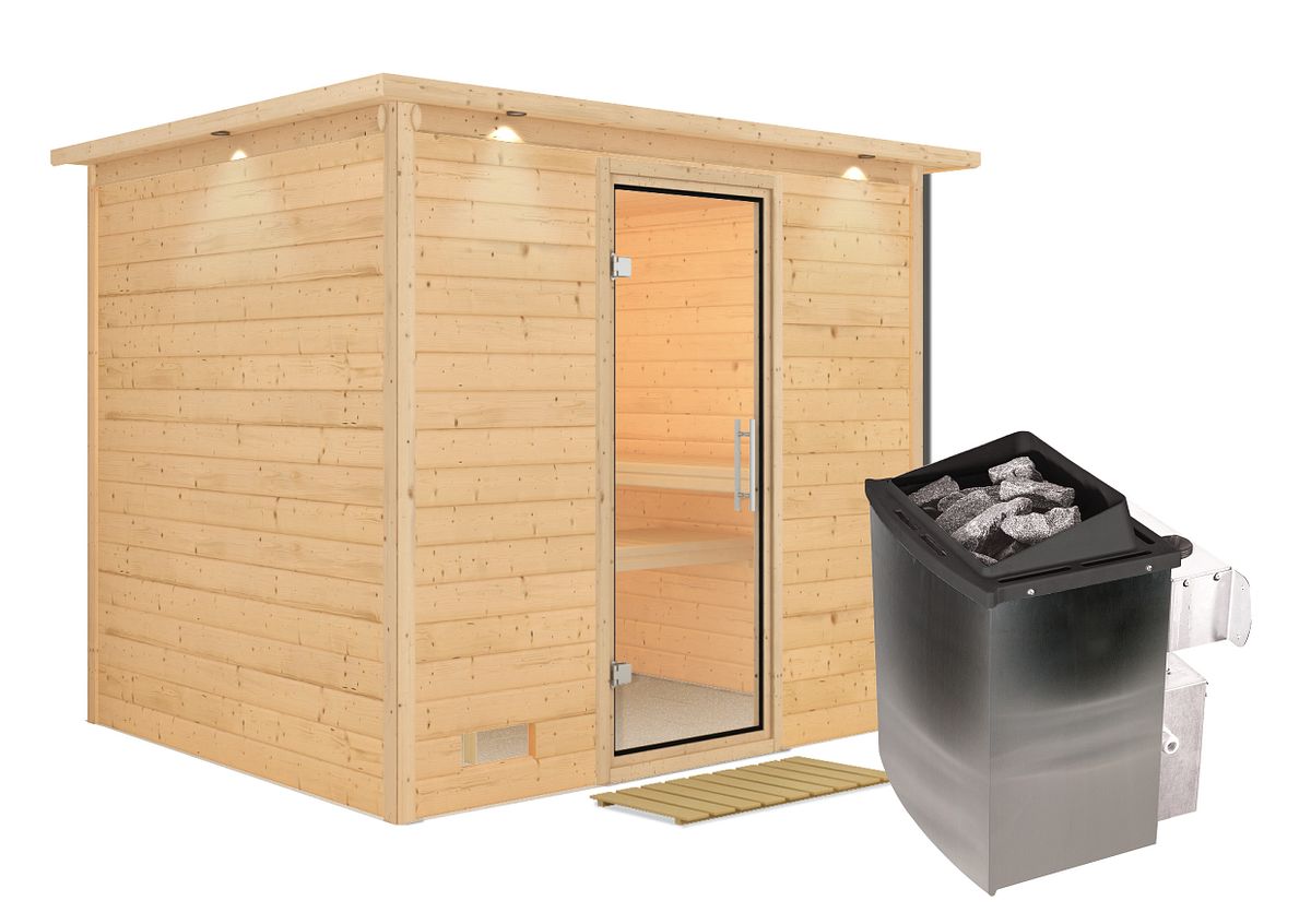 Karibu Sauna Sonara - Massivholzsauna mit Fronteinstieg 40 mm - 9 kW Ofen integr. Steuerung-Inkl. Dachkranz-Klarglas Ganzglastür