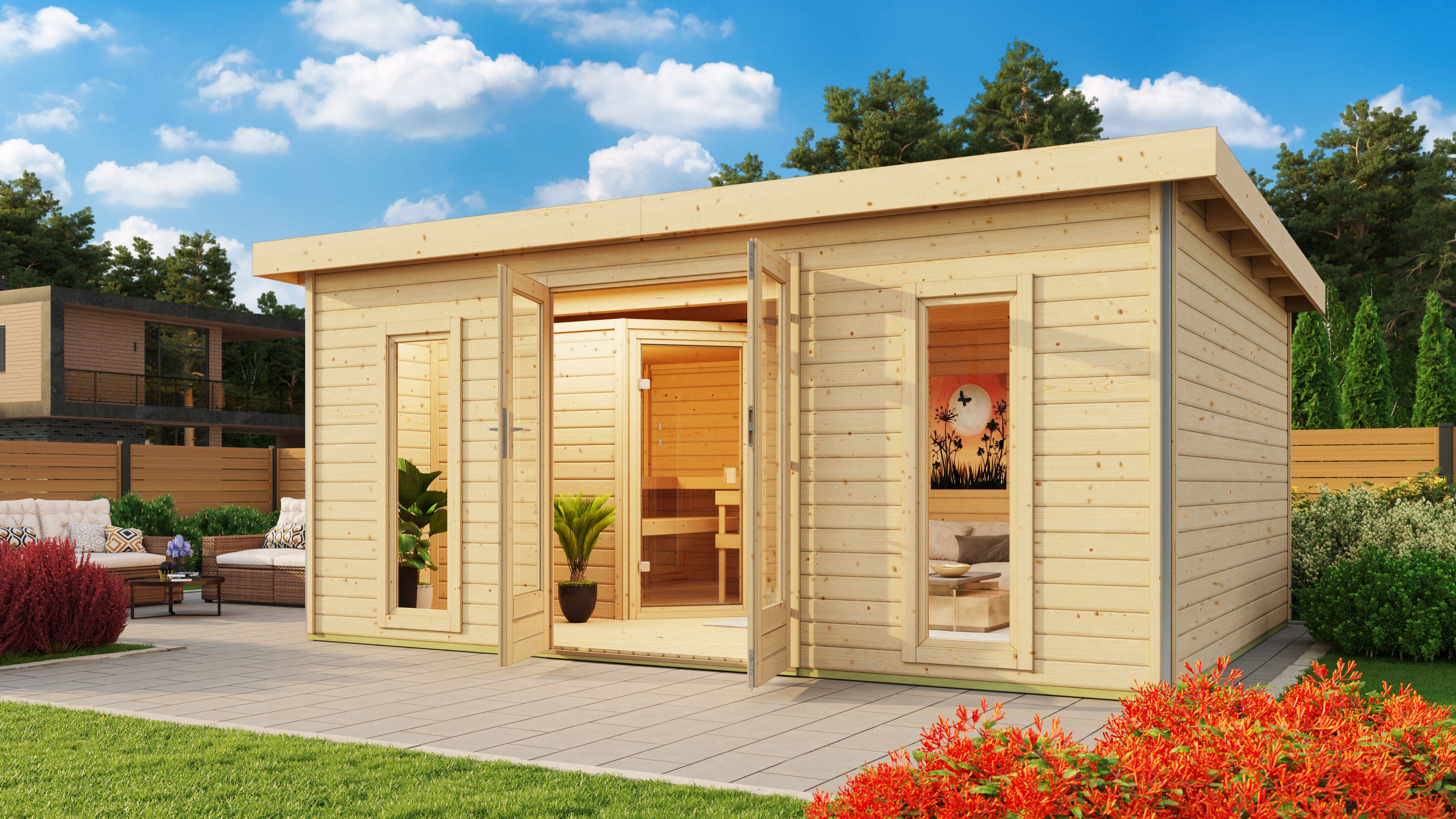 Karibu Saunahaus Mainburg 4 mit Vorraum - 38 mm inkl. gratis 9 kW Bio-Saunaofen im Wert von 879,99 €