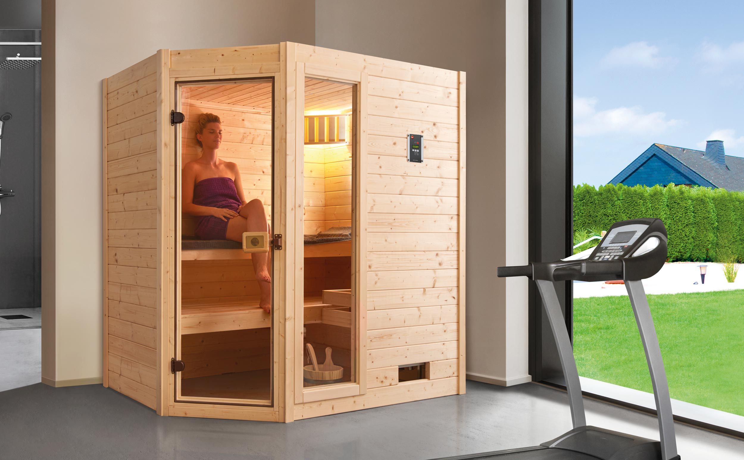 Weka Massivholzsauna Valida Eck Gr. 1 mit Glastür+Fenster Sparset 1 - "Alles dabei"