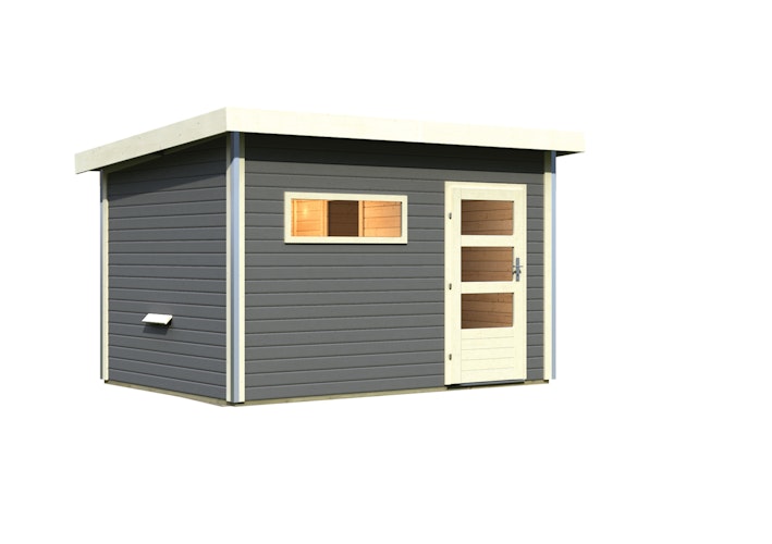 Karibu Saunahaus Skrollan 3 mit Vorraum terragrau (Rechteckfenster) inkl. gratis Saunaofen im Wert von 599,99 €