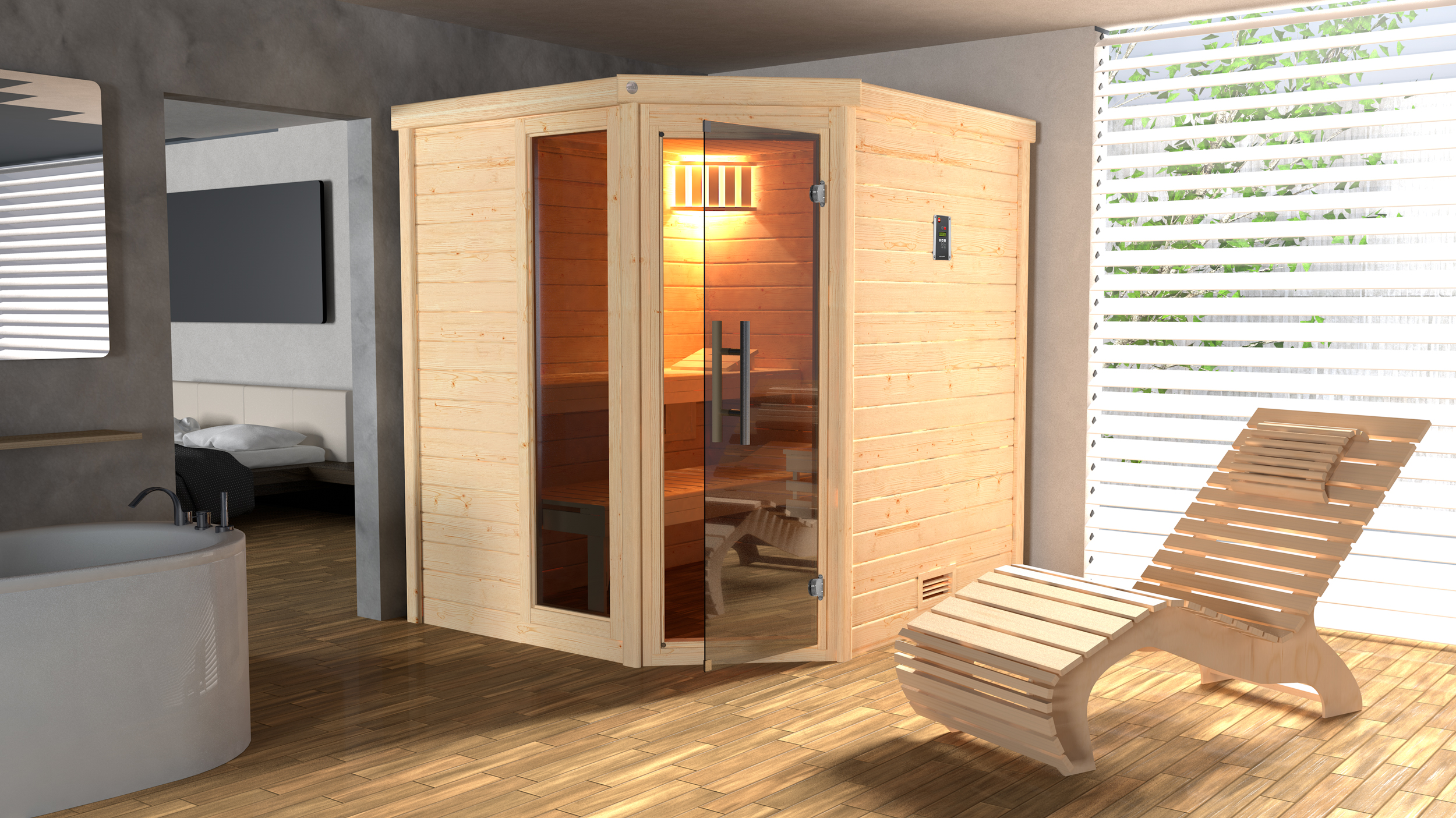 Weka Premium Massivholzsauna Turku 1 Sparset 3 inkl. 9 kW Kompakt-Ofen - 45 mm