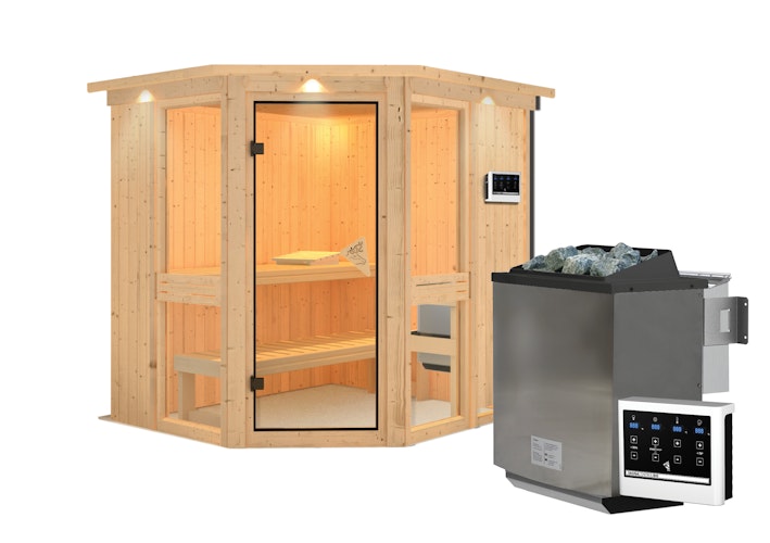 Karibu Amelia 1 - Sauna mit Eckeinstieg 68 mm inkl. gratis Saunaofen im Wert von 599,99 €