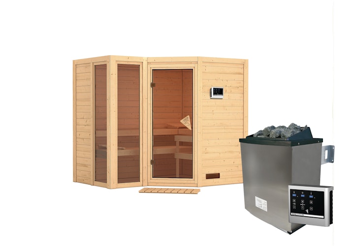 Karibu Sauna Amara-Massivholzsauna 38 mm -Eckeinstieg - Exklusivoptik inkl. gratis Saunaofen im Wert von 599,99 €