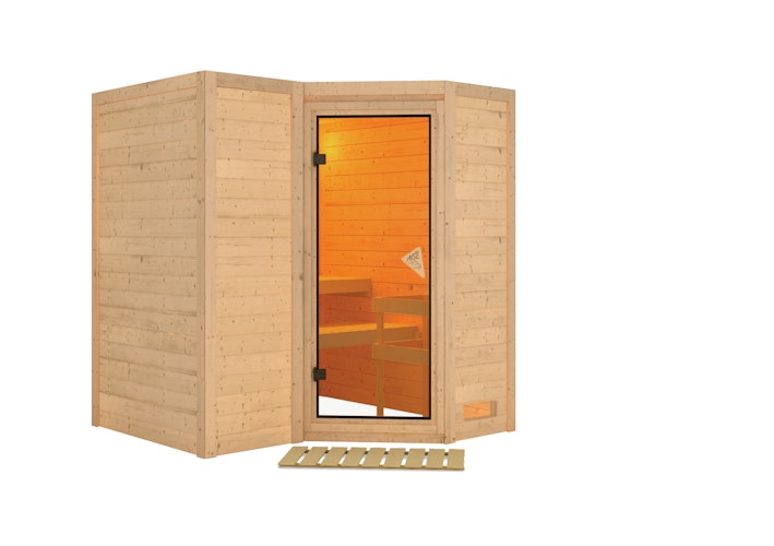 Karibu Sauna Sahib 1-Massivholzsauna 38 mm-Fronteinstieg -Exklusivoptik